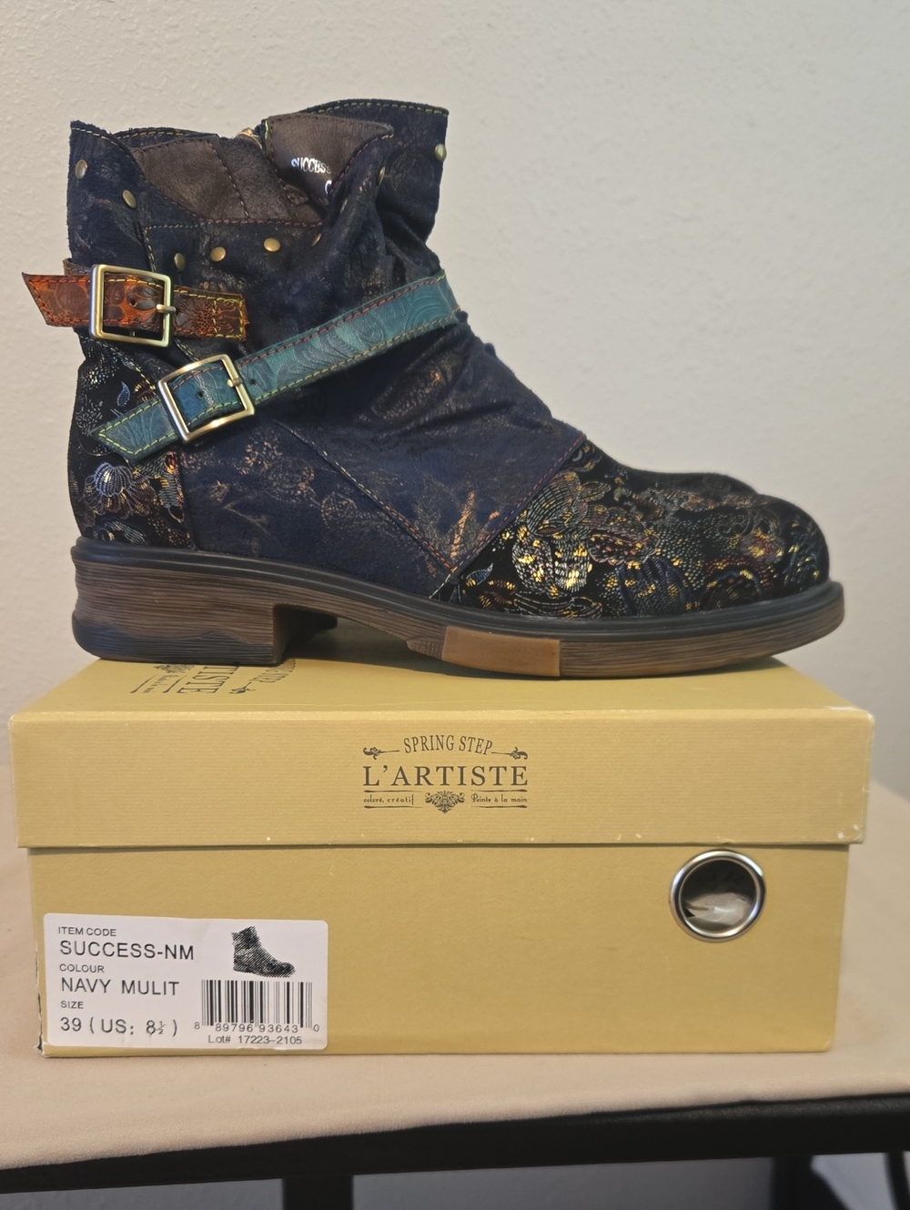 L'Artiste by Spring Step Navy Multicolor Buckle Ankle Boot